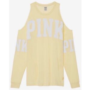 PINK Victoria’s Secret yellow cold shoulder campus long sleeve t-shirt with logo